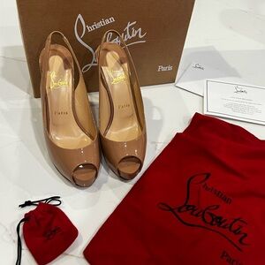 Christian Louboutin Nude Patent Peep-Toe Slingback Pumps. Size 37.5 Box&Receipt